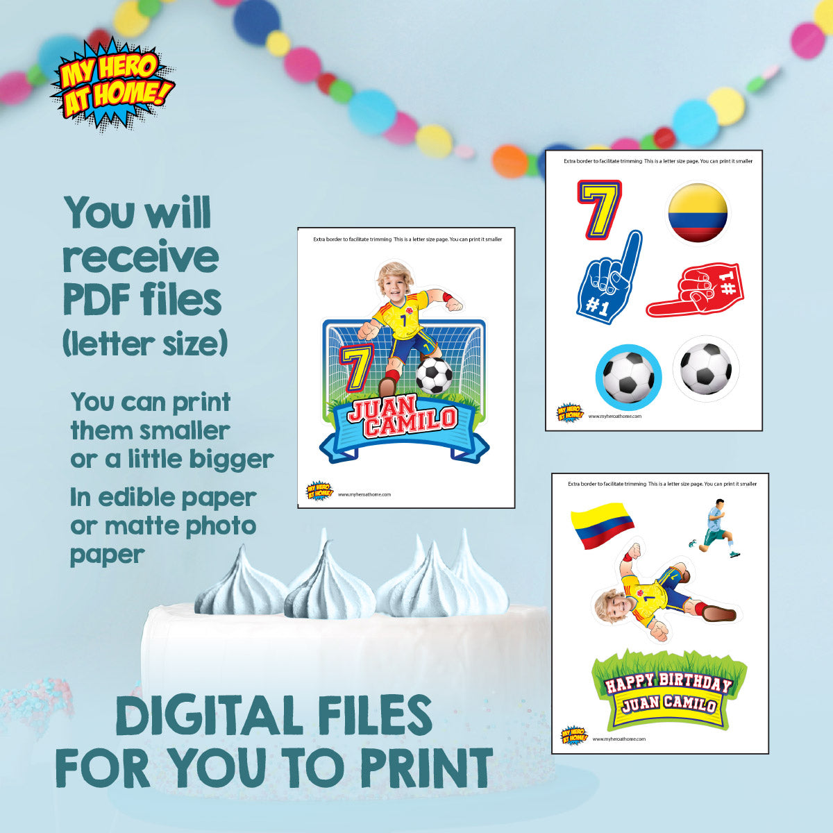 Custom Colombia Soccer party Bundle with photo: backdrop, cake topper, welcome sign. 2458B4