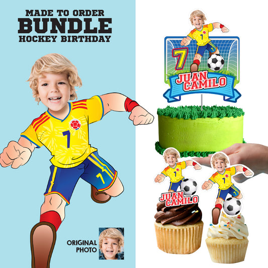 Colombia Soccer Matching Cake and Cupcake Toppers with birthday kid as the star. 2458B5