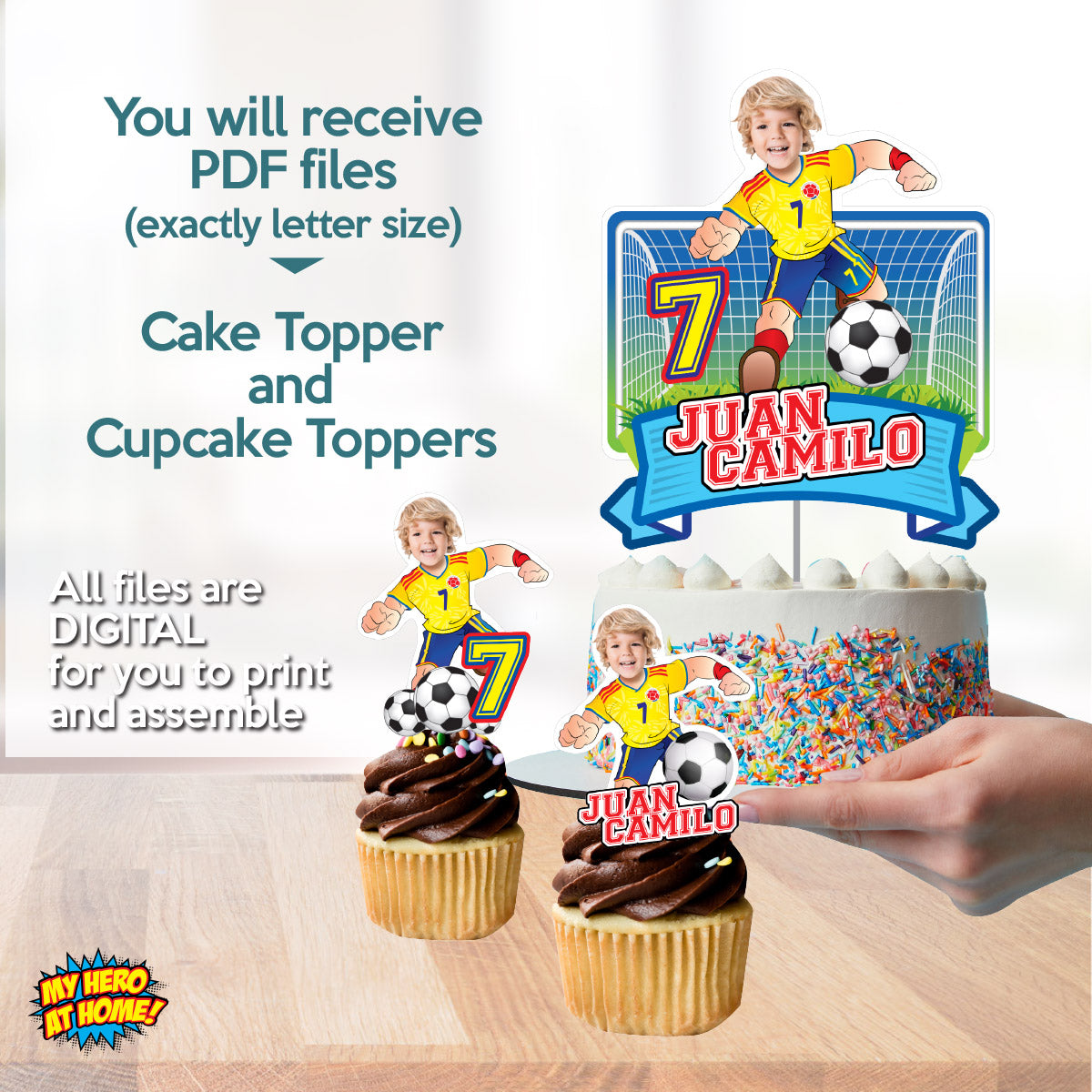 Colombia Soccer Matching Cake and Cupcake Toppers with birthday kid as the star. 2458B5
