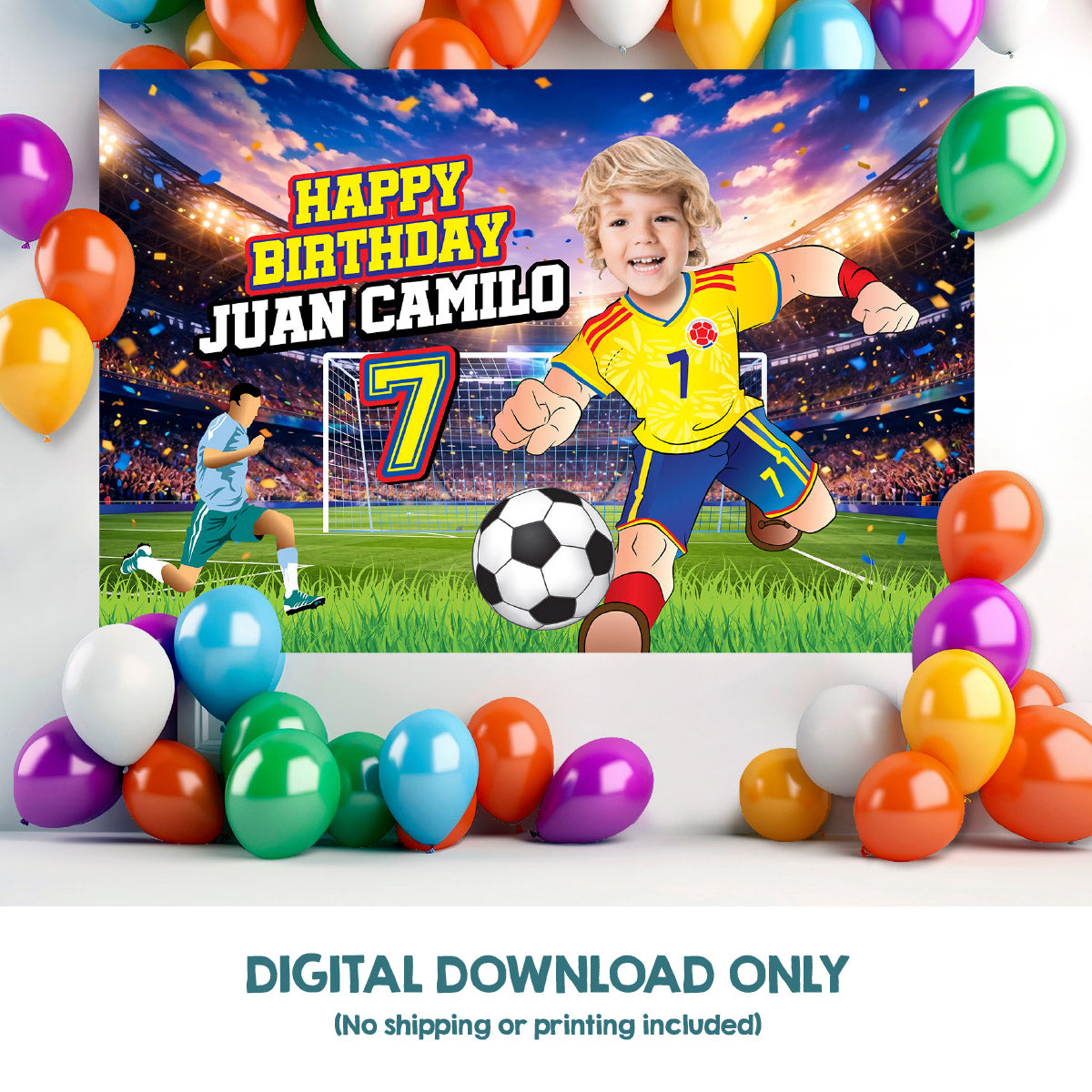 Colombia Soccer Birthday Backdrop with kid as favorite player, Futbol Colombia banner decoration. 2458BB