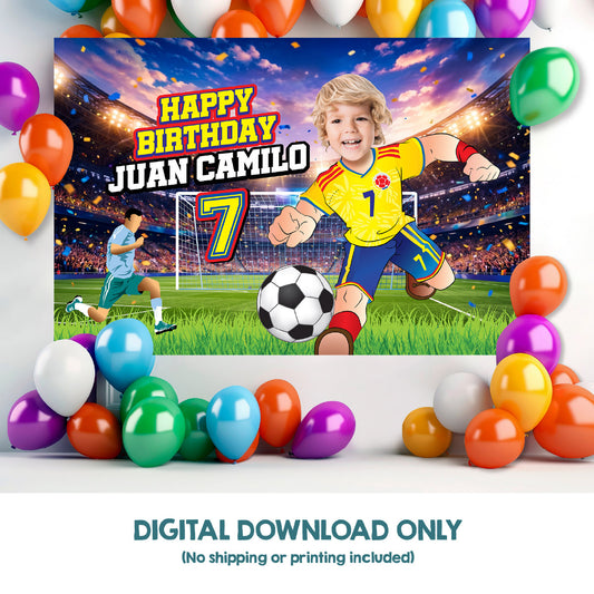 Colombia Soccer Birthday Backdrop with kid as favorite player, Futbol Colombia banner decoration. 2458BB