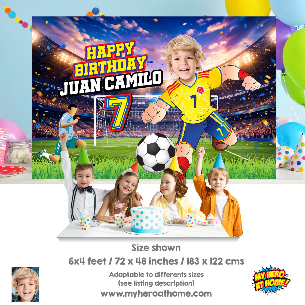 Colombia Soccer Birthday Backdrop with kid as favorite player, Futbol Colombia banner decoration. 2458BB