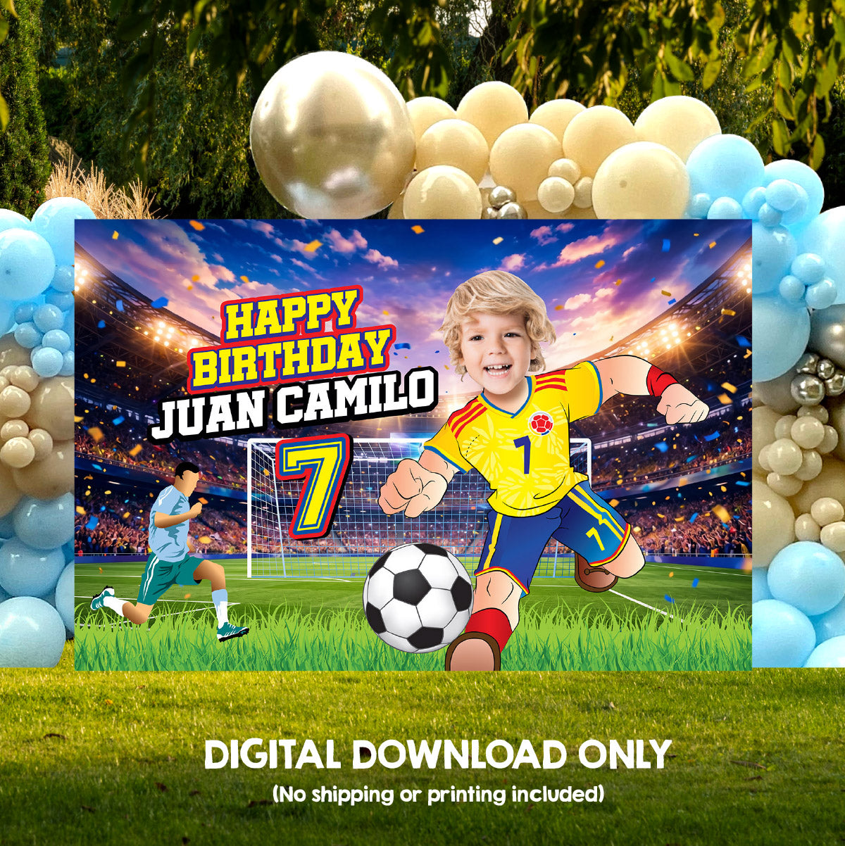Colombia Soccer Birthday Backdrop with kid as favorite player, Futbol Colombia banner decoration. 2458BB