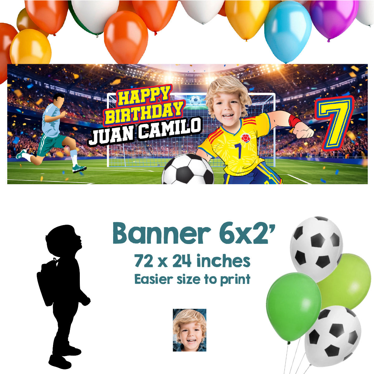 Soccer birthday banner with kid as his favorite Colombian player (6x2', Soccer decor). 2458BBH
