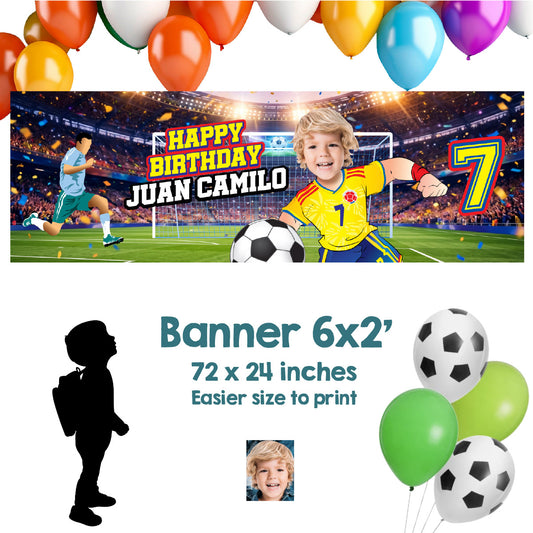 Soccer birthday banner with kid as his favorite Colombian player (6x2', Soccer decor). 2458BBH