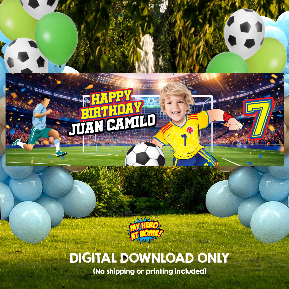 Soccer birthday banner with kid as his favorite Colombian player (6x2', Soccer decor). 2458BBH