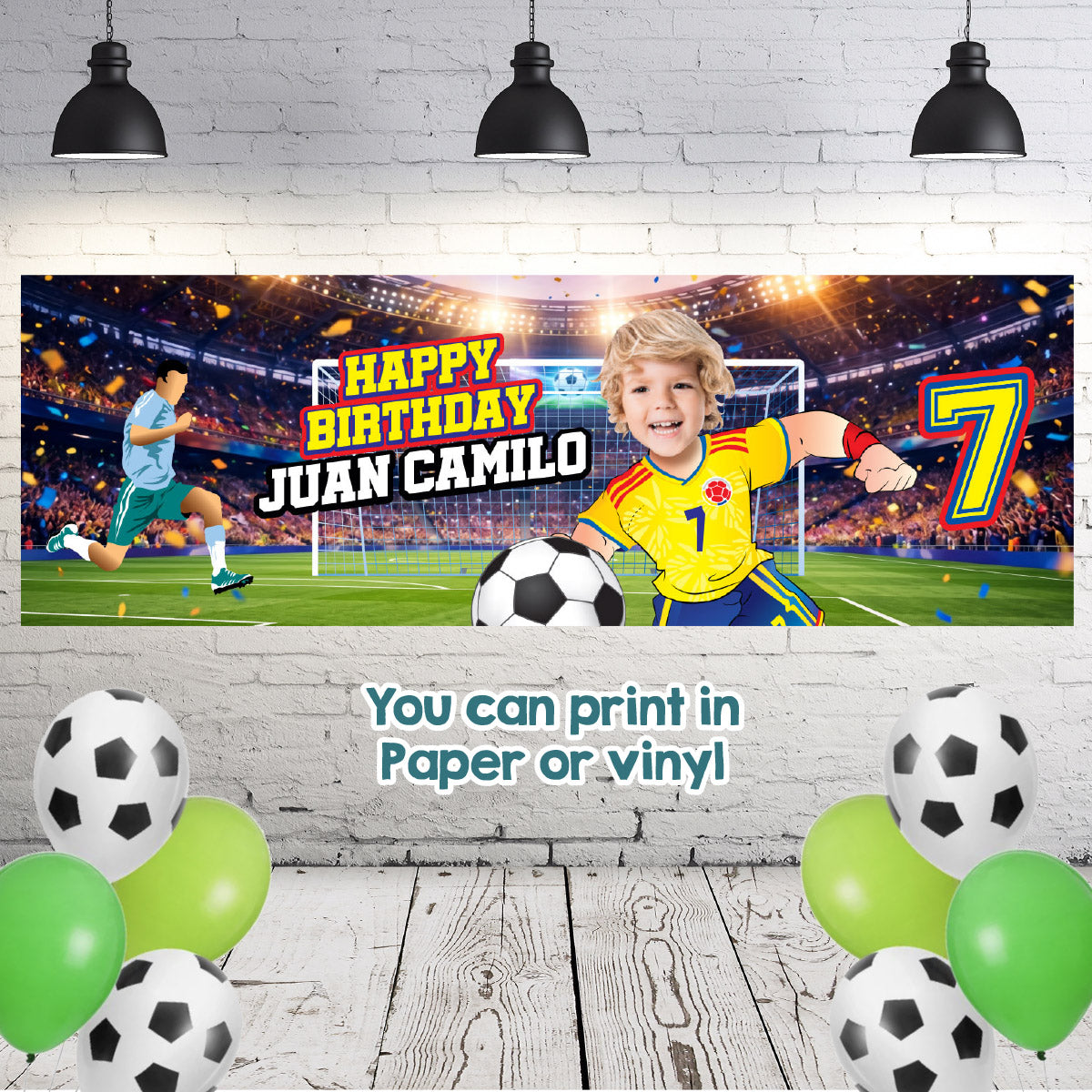 Soccer birthday banner with kid as his favorite Colombian player (6x2', Soccer decor). 2458BBH