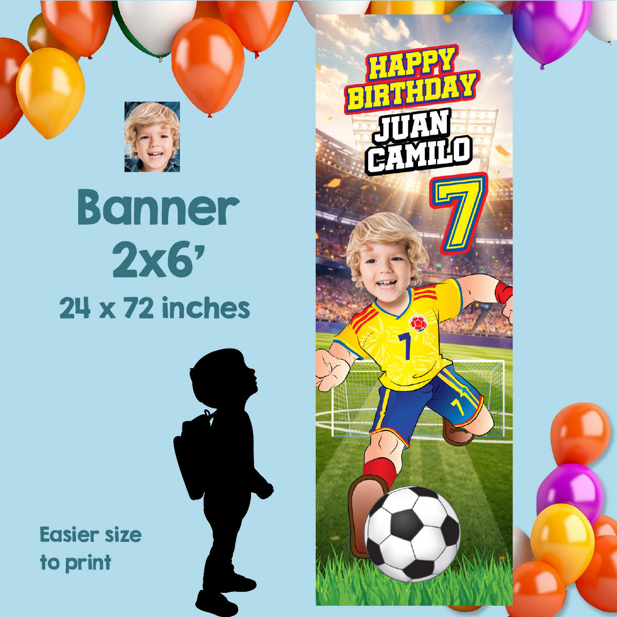 Soccer Colombia vertical birthday banner with kid as the star, Colombia football portrait (2x6', Rollup). 2458BBV