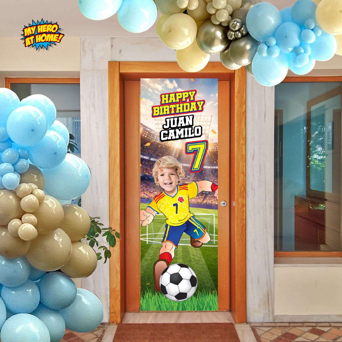 Soccer Colombia vertical birthday banner with kid as the star, Colombia football portrait (2x6', Rollup). 2458BBV
