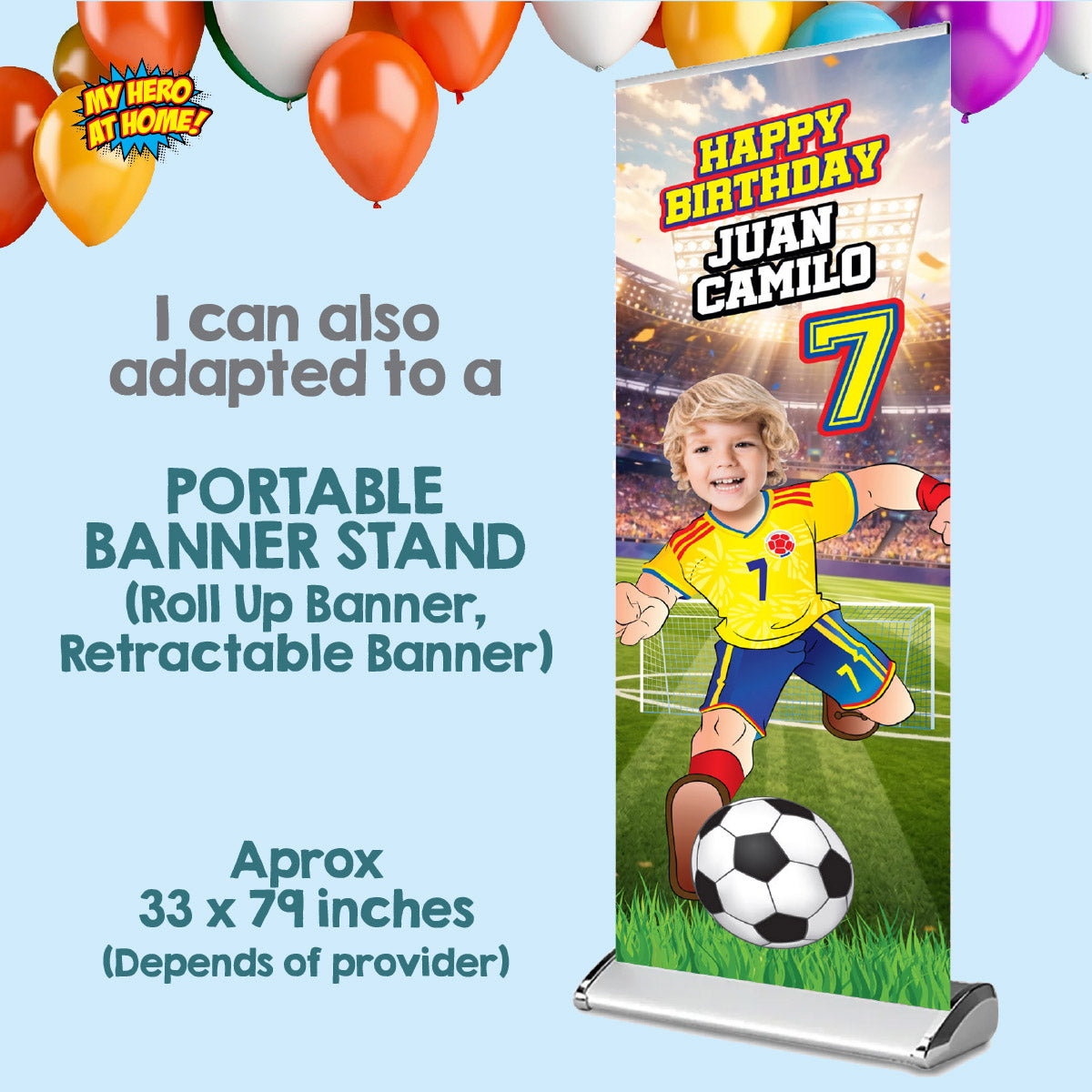 Soccer Colombia vertical birthday banner with kid as the star, Colombia football portrait (2x6', Rollup). 2458BBV