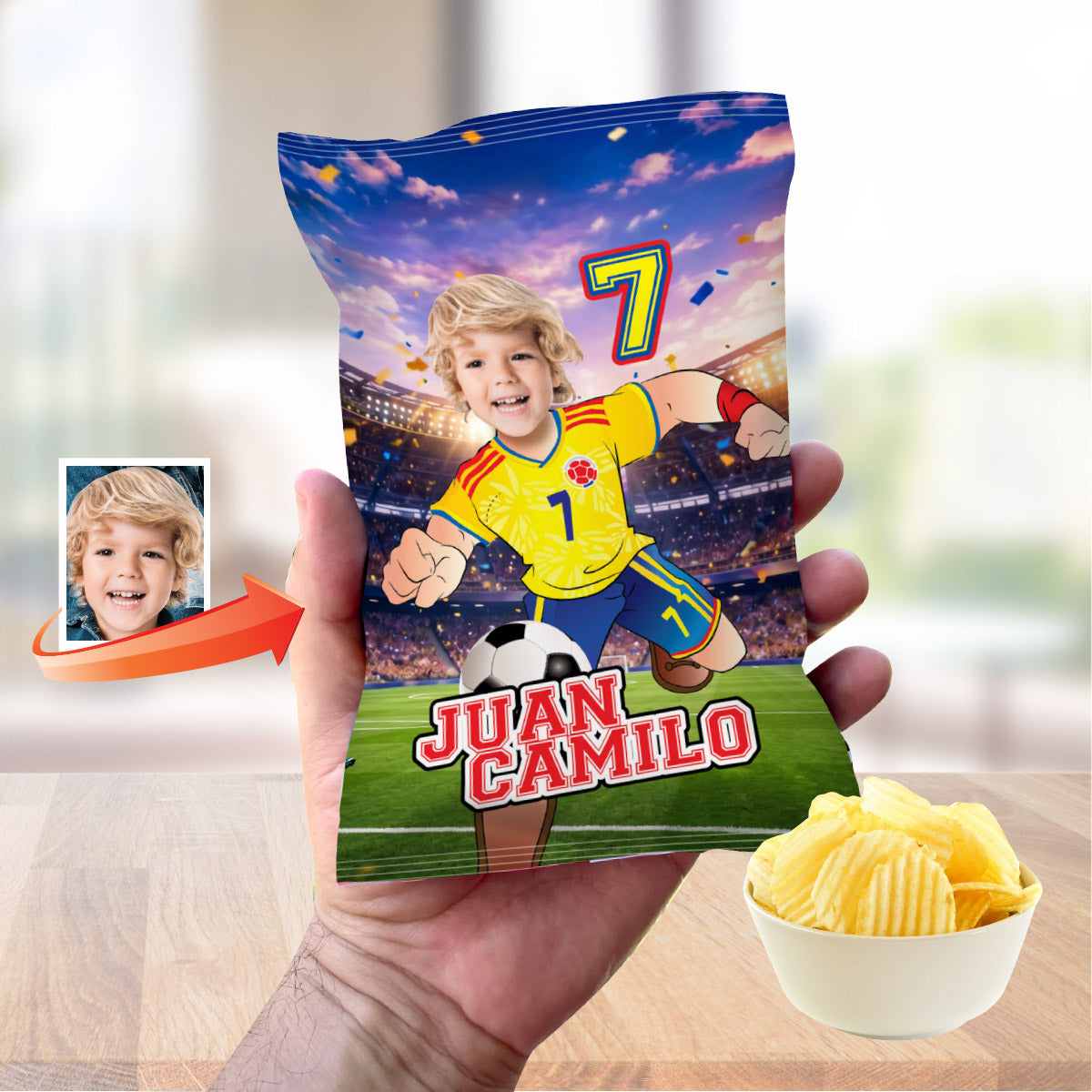 Matching birthday Bundle for a Colombia Soccer table Party, cake topper, water, Chips, boxes. 2458B1
