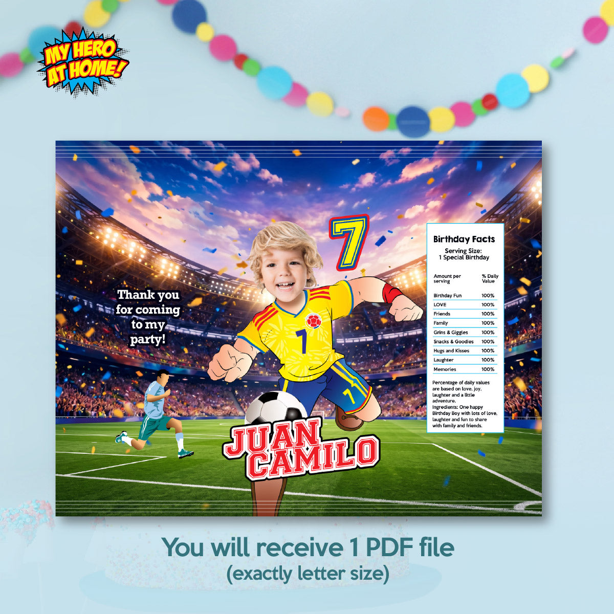 Matching birthday Bundle for a Colombia Soccer table Party, cake topper, water, Chips, boxes. 2458B1