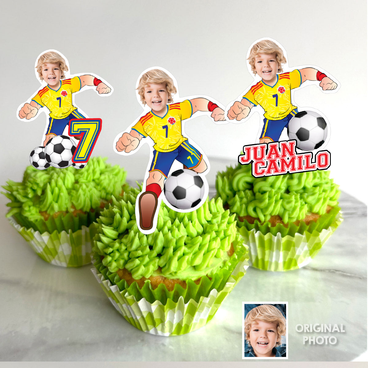 Personalized Soccer Colombia Team Cupcakes Toppers featuring birthday kid. 2458CK