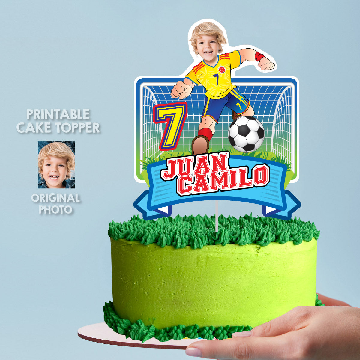 Matching birthday Bundle for a Colombia Soccer table Party, cake topper, water, Chips, boxes. 2458B1
