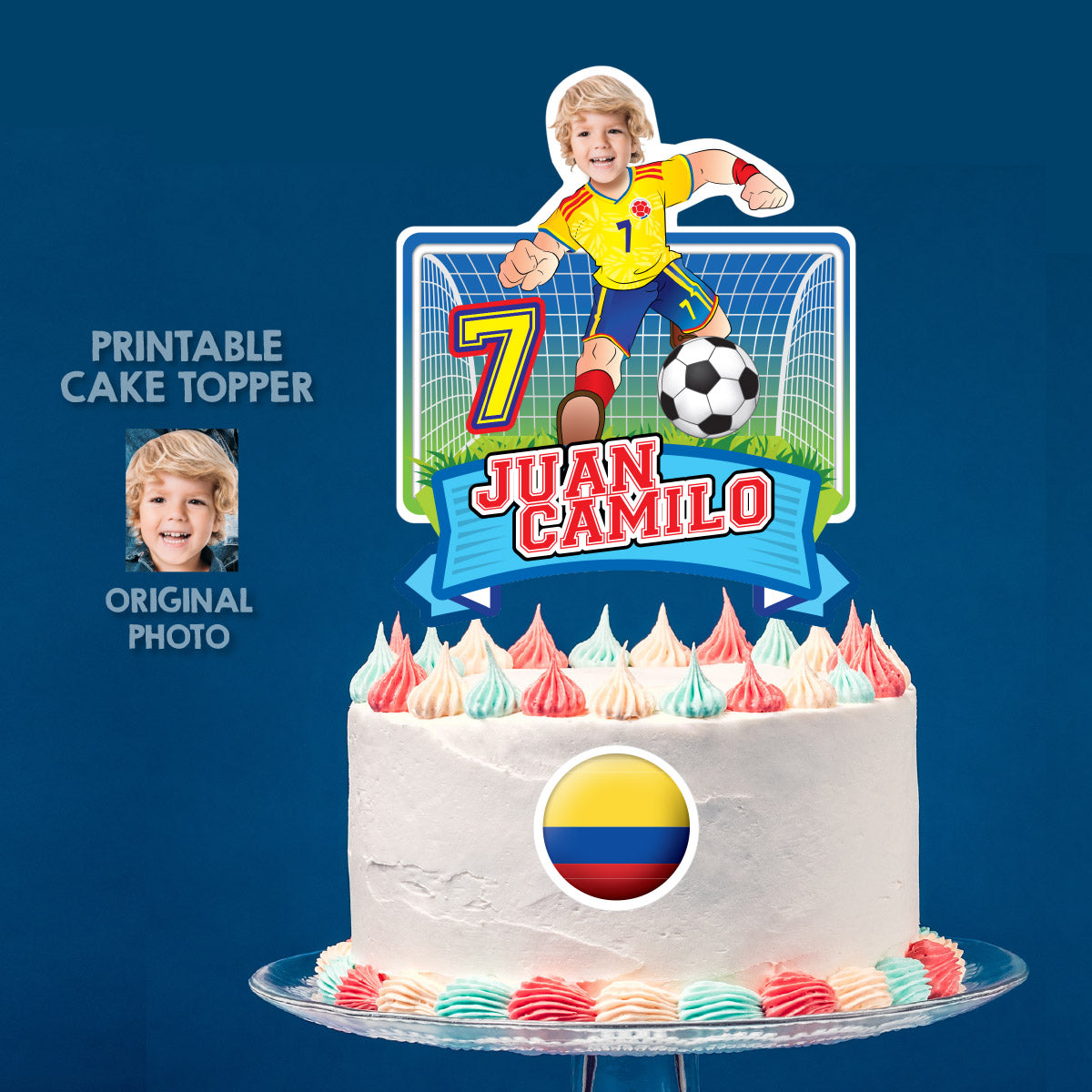 Printable Colombia Soccer Cake topper with your kid as the star player. 2458CT1