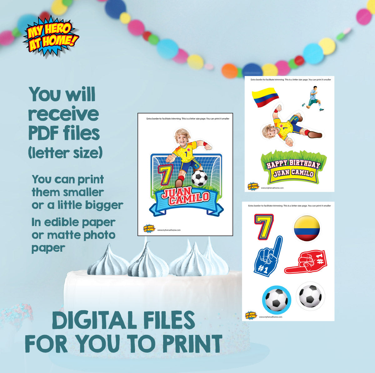 Matching birthday Bundle for a Colombia Soccer table Party, cake topper, water, Chips, boxes. 2458B1