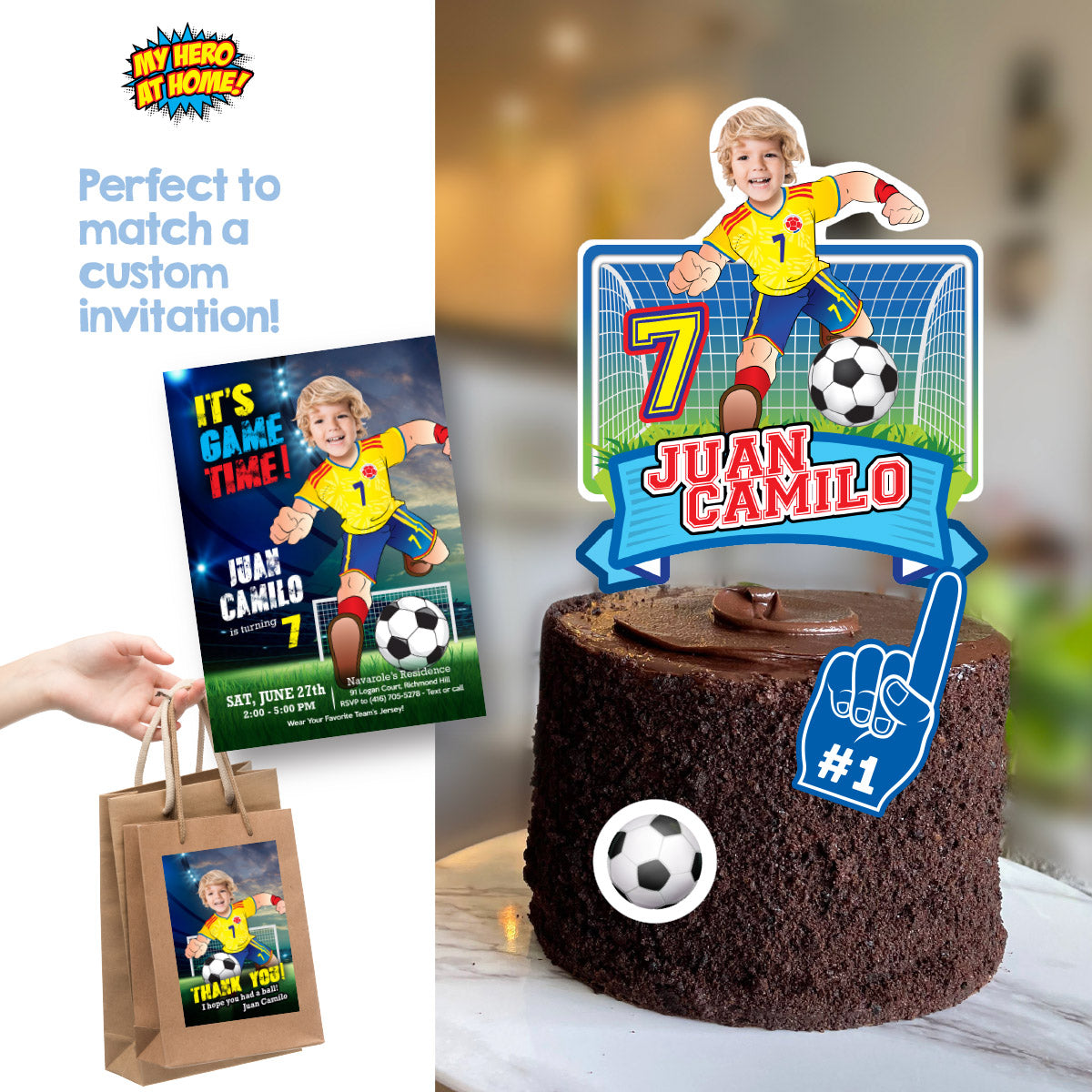 Printable Colombia Soccer Cake topper with your kid as the star player. 2458CT1