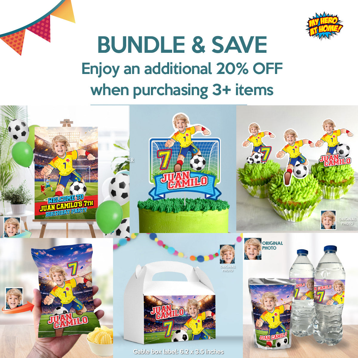 Matching birthday Bundle for a Colombia Soccer table Party, cake topper, water, Chips, boxes. 2458B1