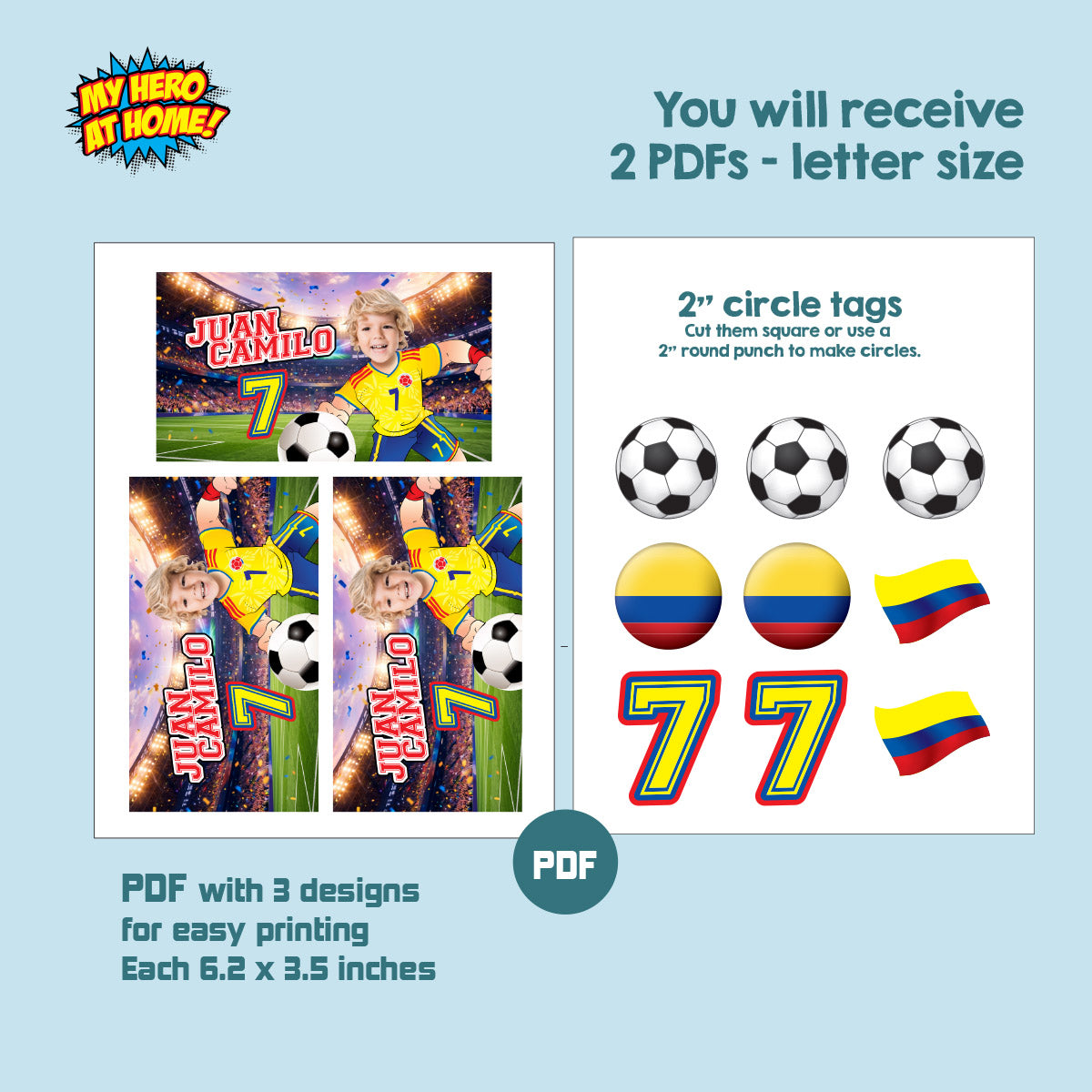Matching birthday Bundle for a Colombia Soccer table Party, cake topper, water, Chips, boxes. 2458B1