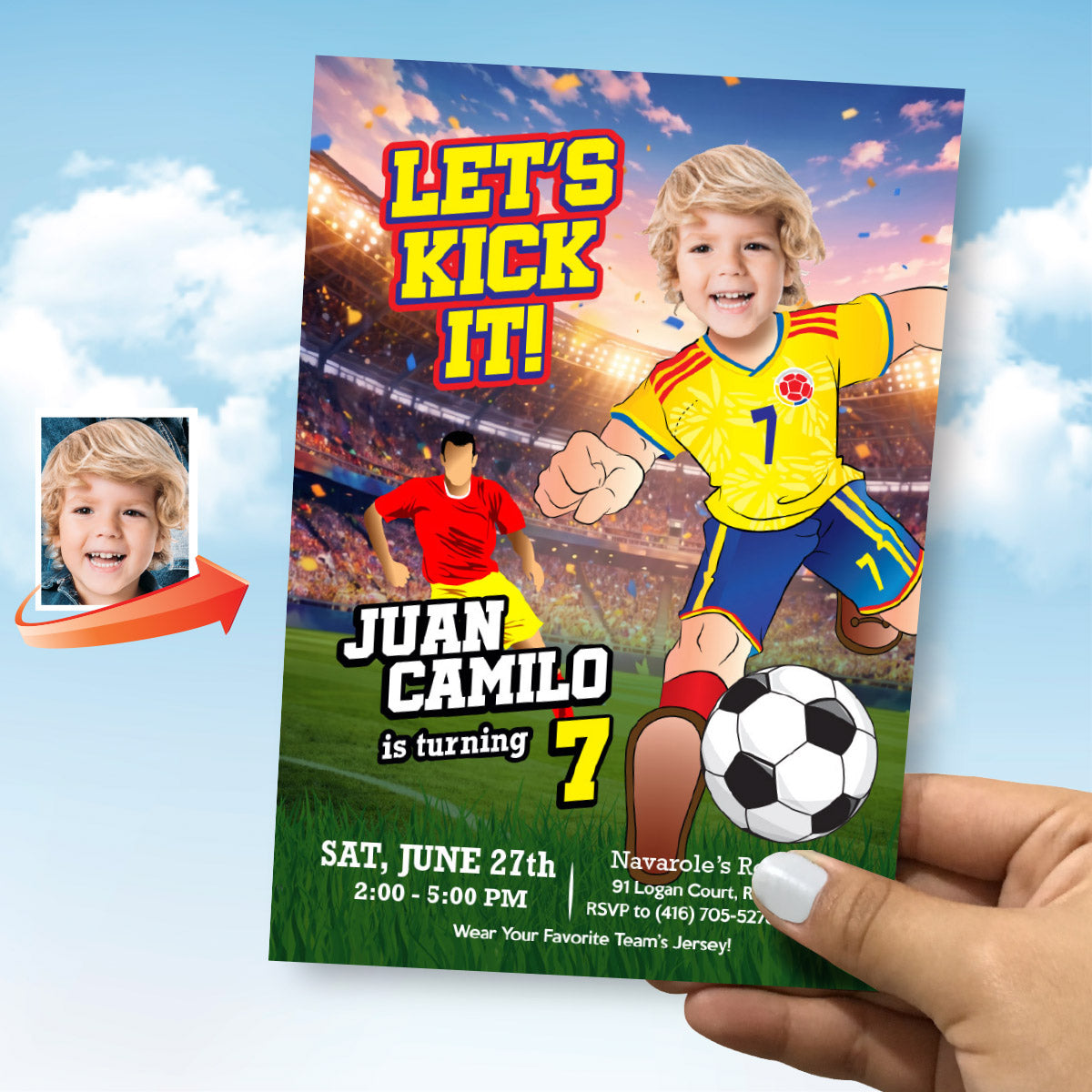 Custom Colombia Soccer birthday template with kid as the star player, Futbol party invitation. 2458IN1