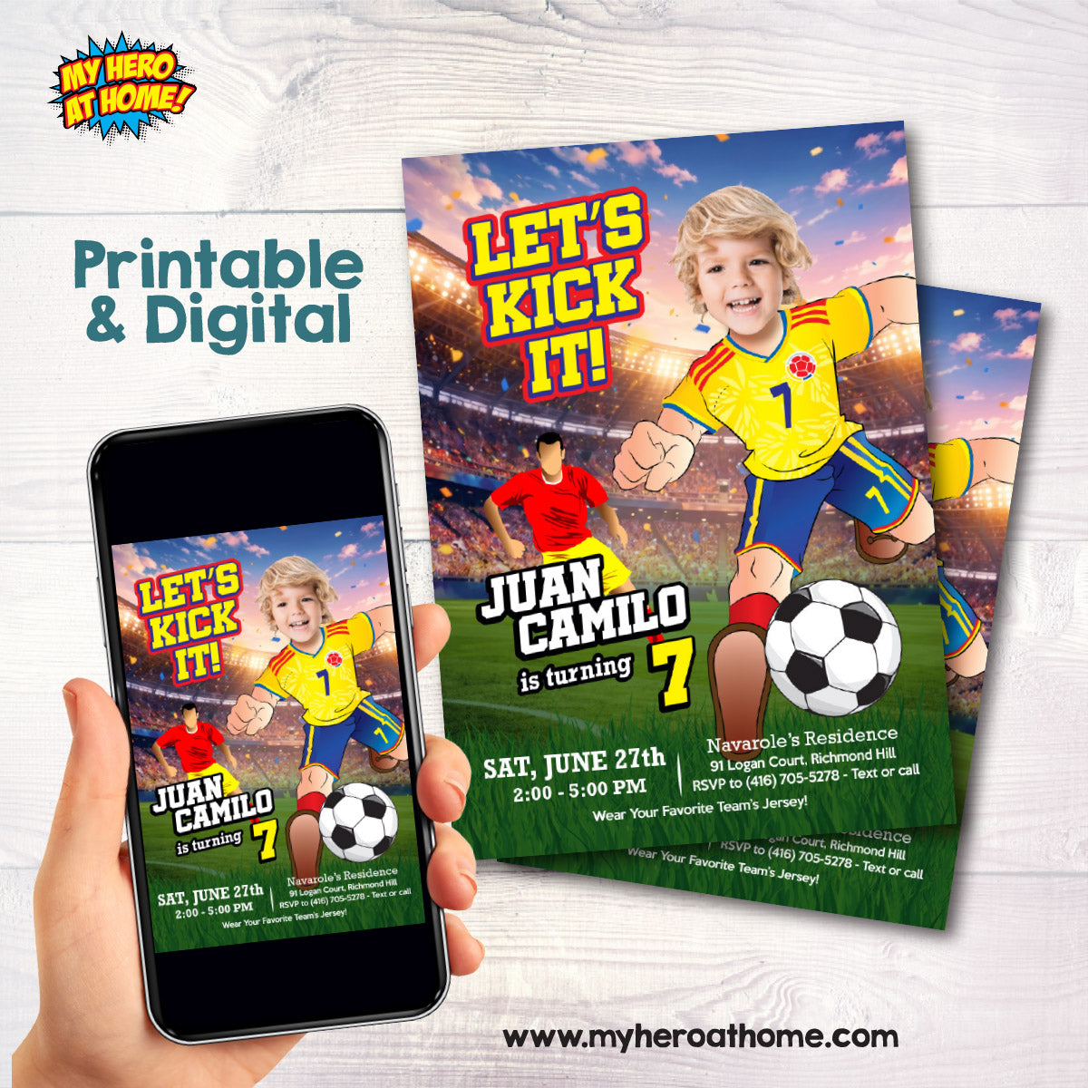 Custom Colombia Soccer birthday template with kid as the star player, Futbol party invitation. 2458IN1