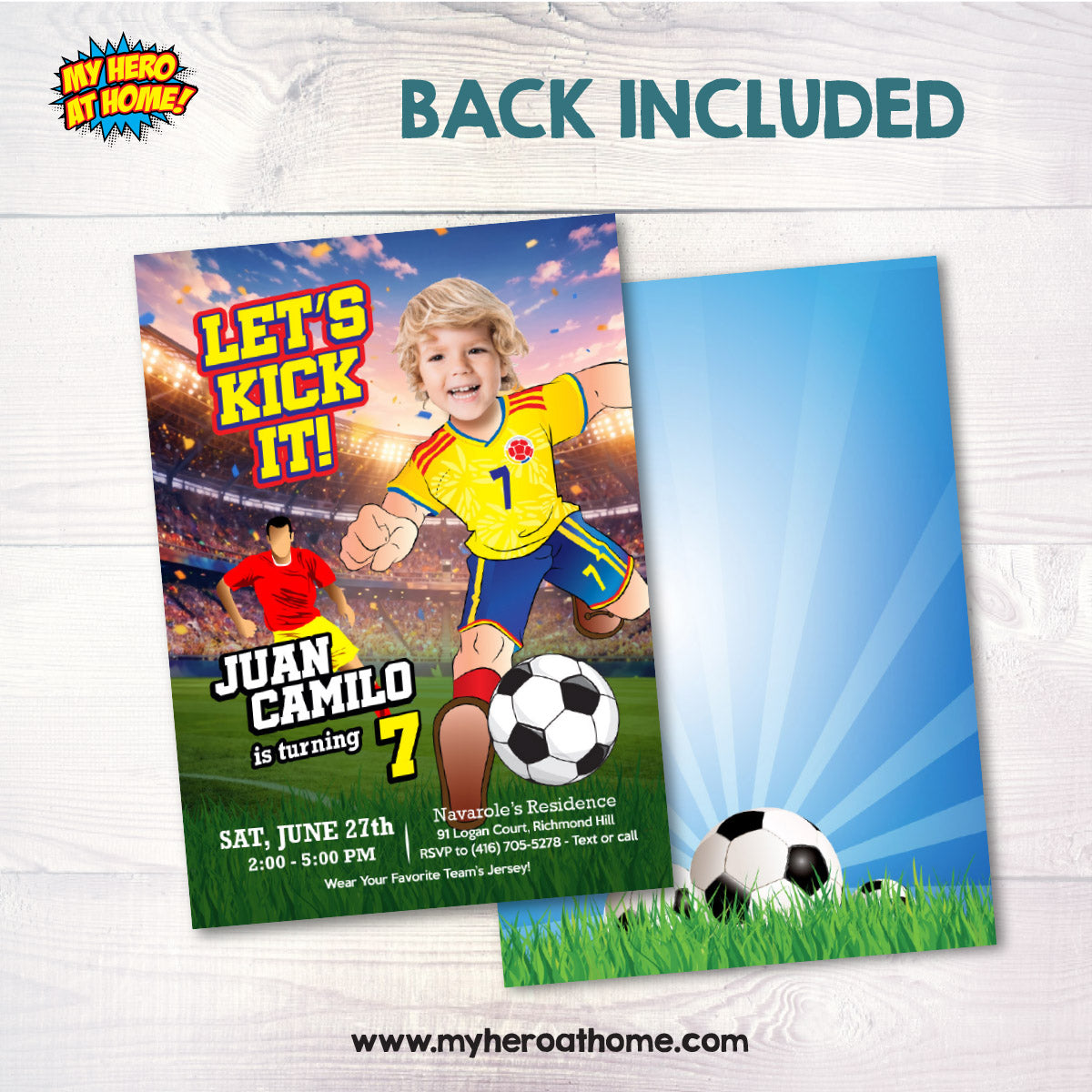 Custom Colombia Soccer birthday template with kid as the star player, Futbol party invitation. 2458IN1