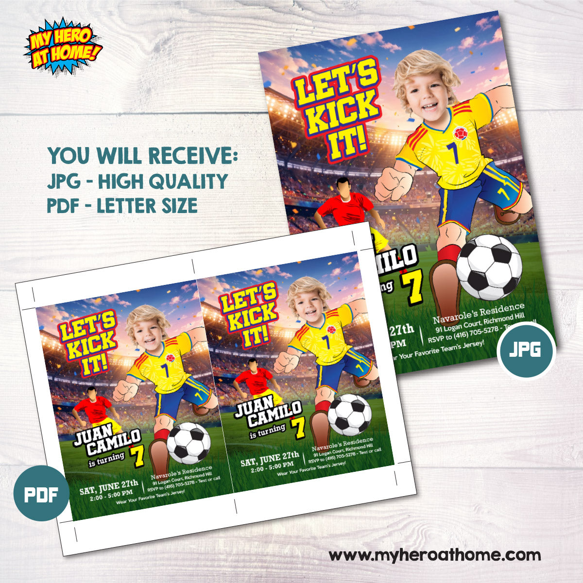 Custom Colombia Soccer birthday template with kid as the star player, Futbol party invitation. 2458IN1