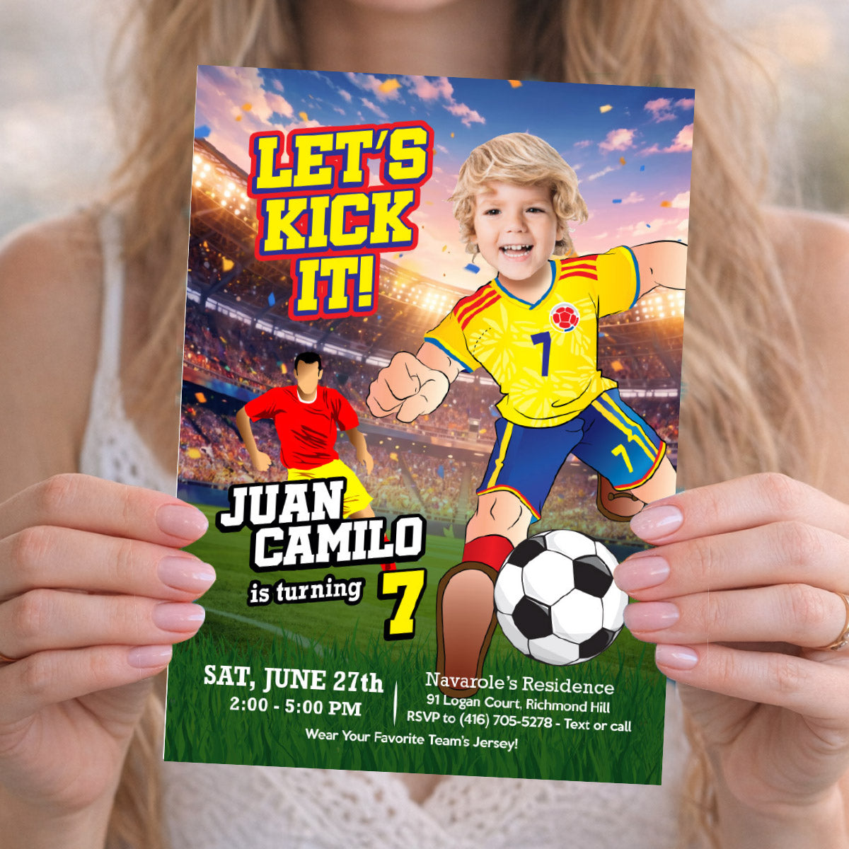 Custom Colombia Soccer birthday template with kid as the star player, Futbol party invitation. 2458IN1