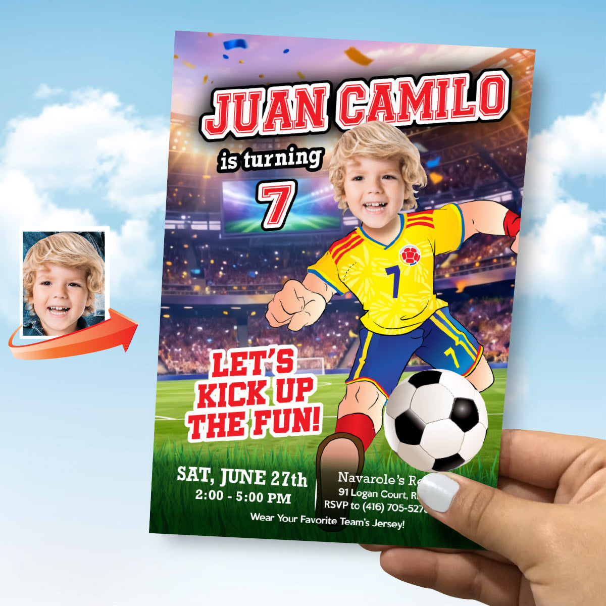 Colombia Soccer birthday Invite with kid as the player, Futbol Colombia template. 2458IN2