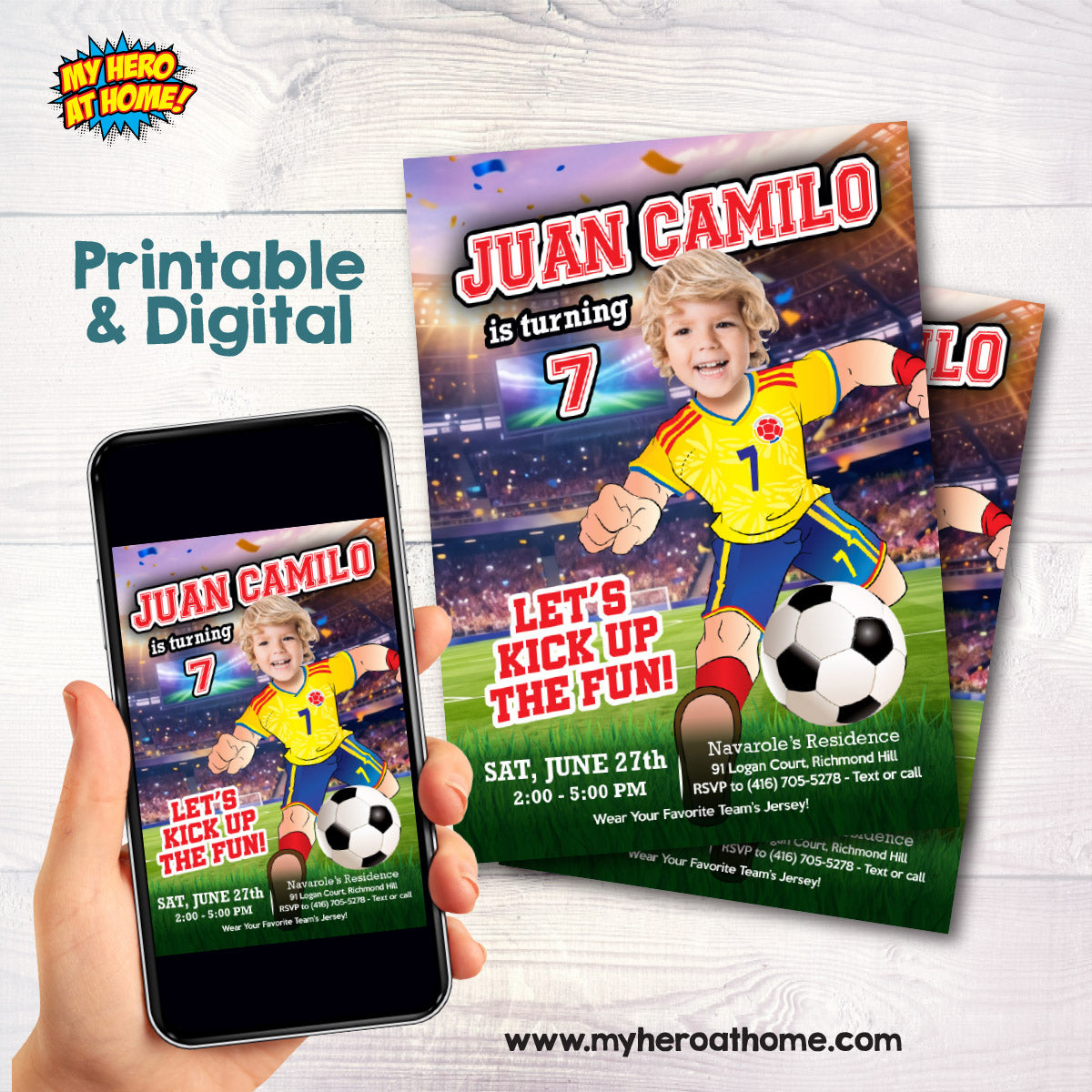 Colombia Soccer birthday Invite with kid as the player, Futbol Colombia template. 2458IN2