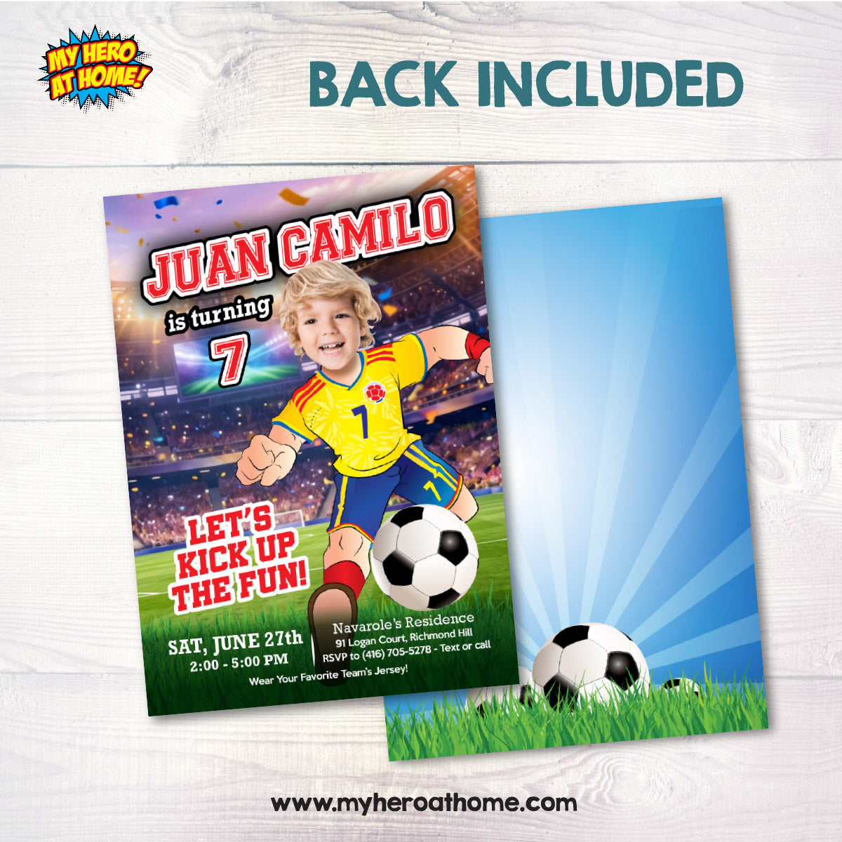 Colombia Soccer birthday Invite with kid as the player, Futbol Colombia template. 2458IN2
