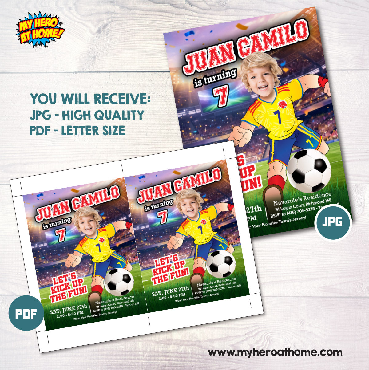 Colombia Soccer birthday Invite with kid as the player, Futbol Colombia template. 2458IN2
