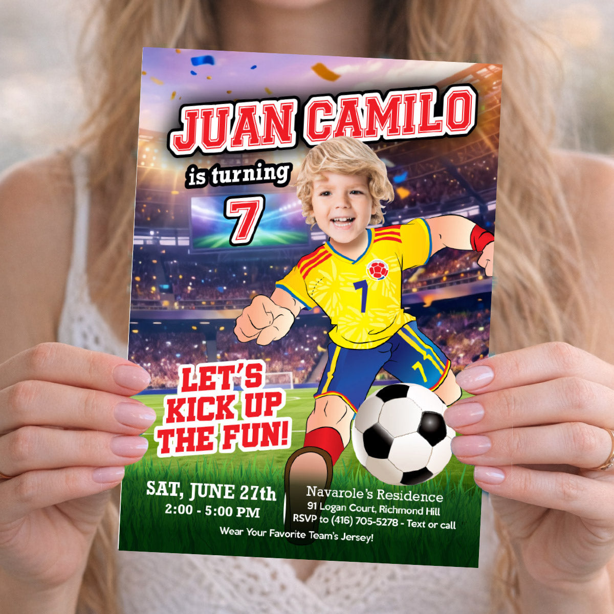 Colombia Soccer birthday Invite with kid as the player, Futbol Colombia template. 2458IN2