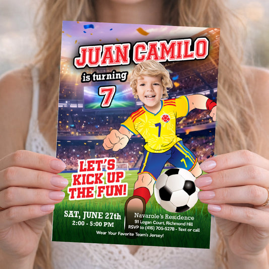 Colombia Soccer birthday Invite with kid as the player, Futbol Colombia template. 2458IN2