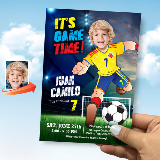 It's Game Time Colombia Soccer Party Invitation with child as the star player. 2458IN3