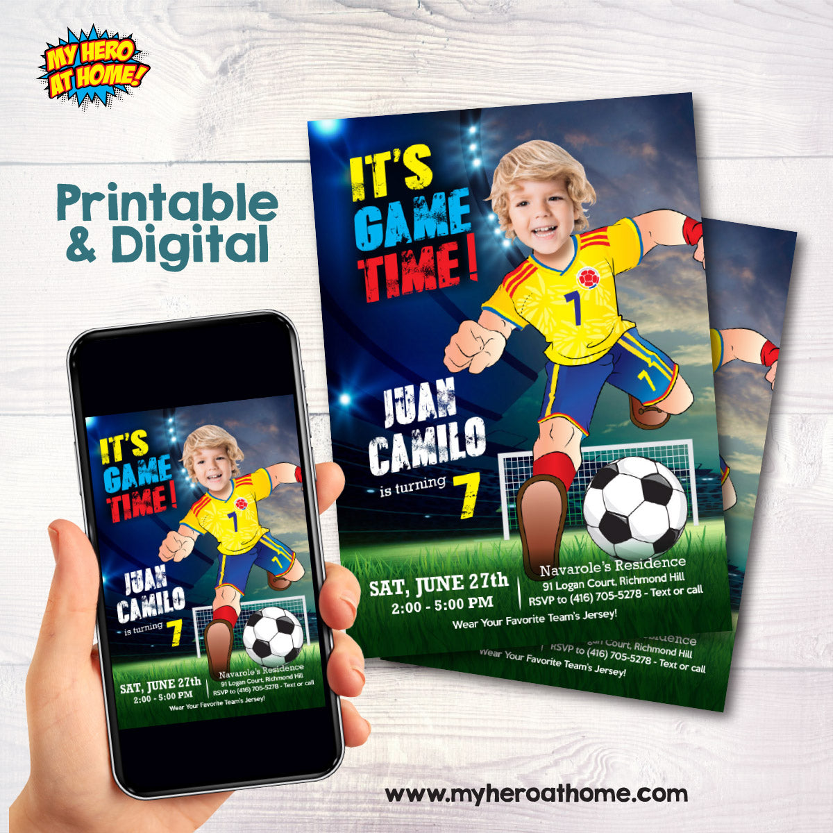 It's Game Time Colombia Soccer Party Invitation with child as the star player. 2458IN3