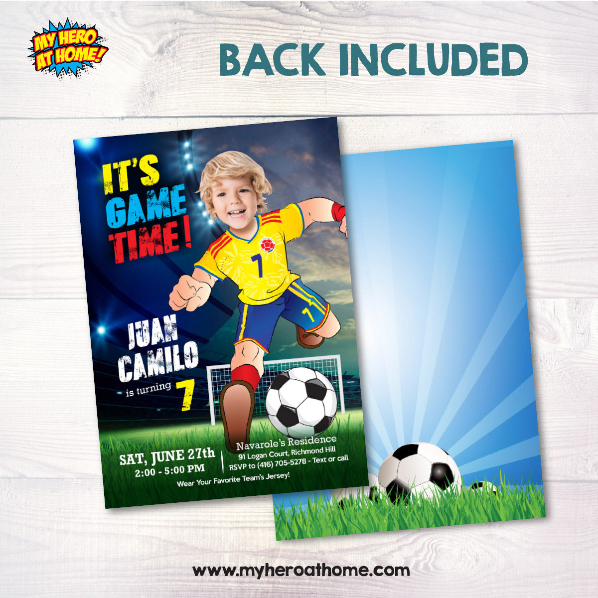 It's Game Time Colombia Soccer Party Invitation with child as the star player. 2458IN3