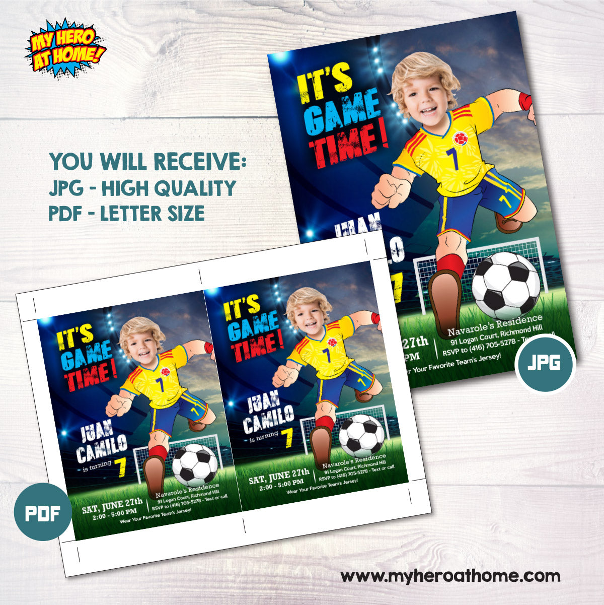 It's Game Time Colombia Soccer Party Invitation with child as the star player. 2458IN3
