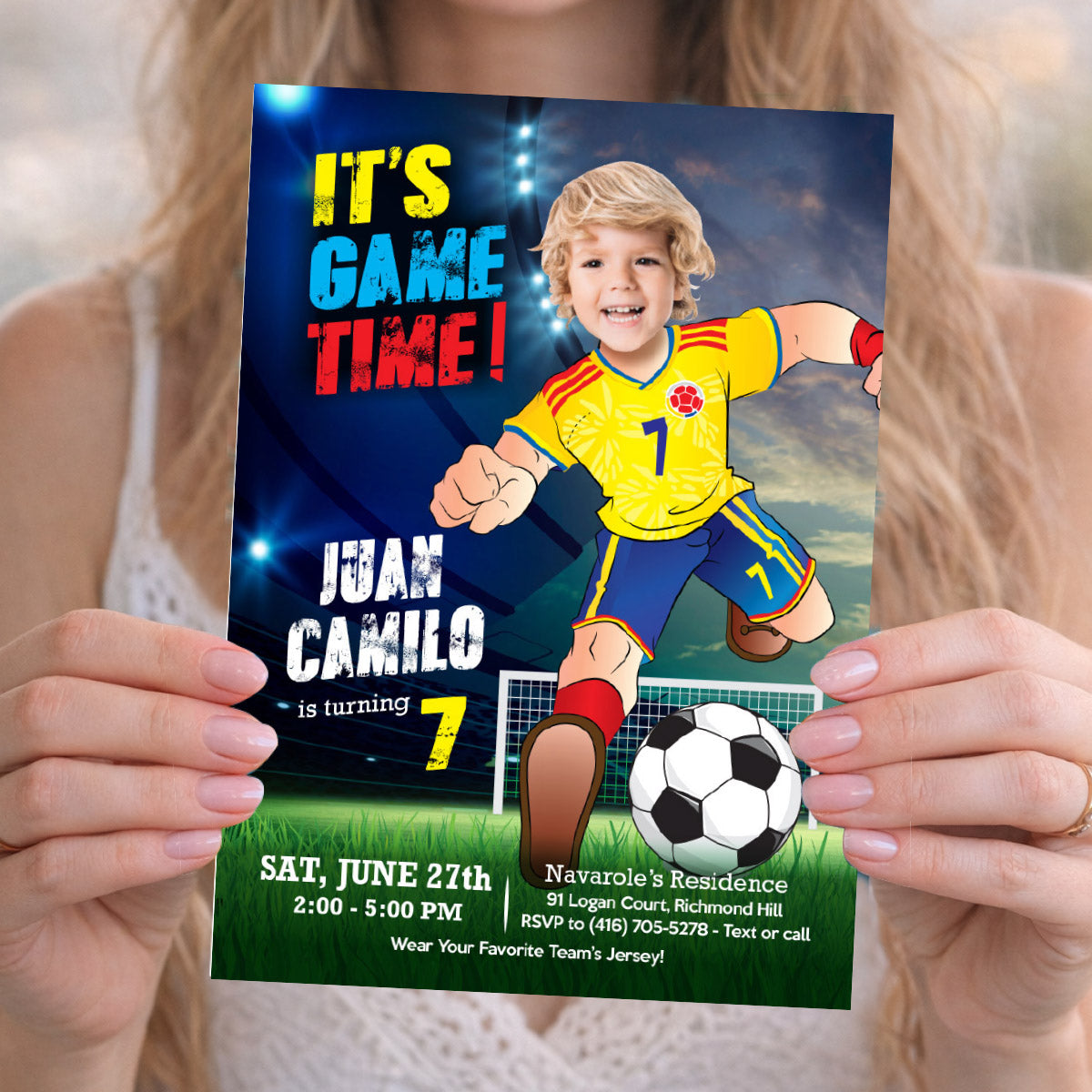 It's Game Time Colombia Soccer Party Invitation with child as the star player. 2458IN3