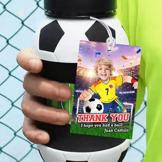 Colombian Player Soccer thank you and favors tags with birthday kid’s photo. 2458TY2