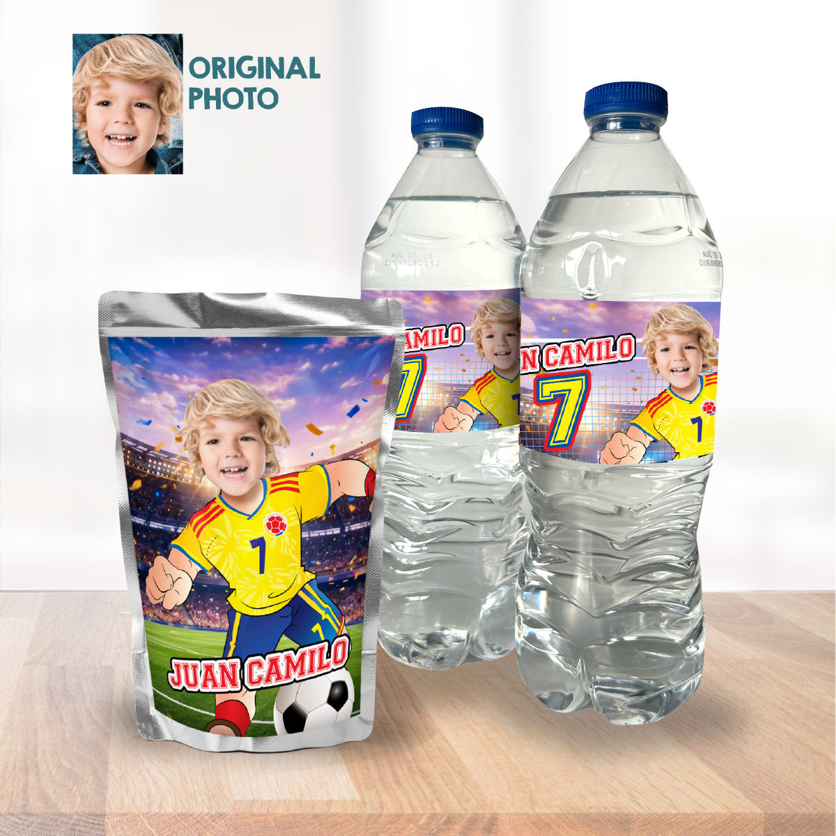 Matching birthday Bundle for a Colombia Soccer table Party, cake topper, water, Chips, boxes. 2458B1