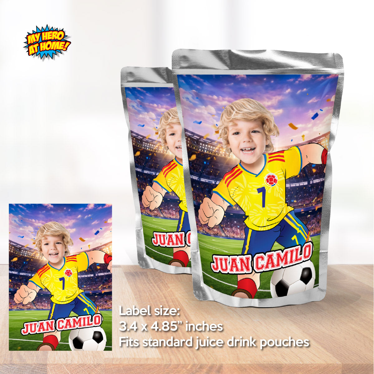 Futbol Colombia water wrappers with your photo, Soccer Colombia Team Player Juice Pouch labels. 2458WJ
