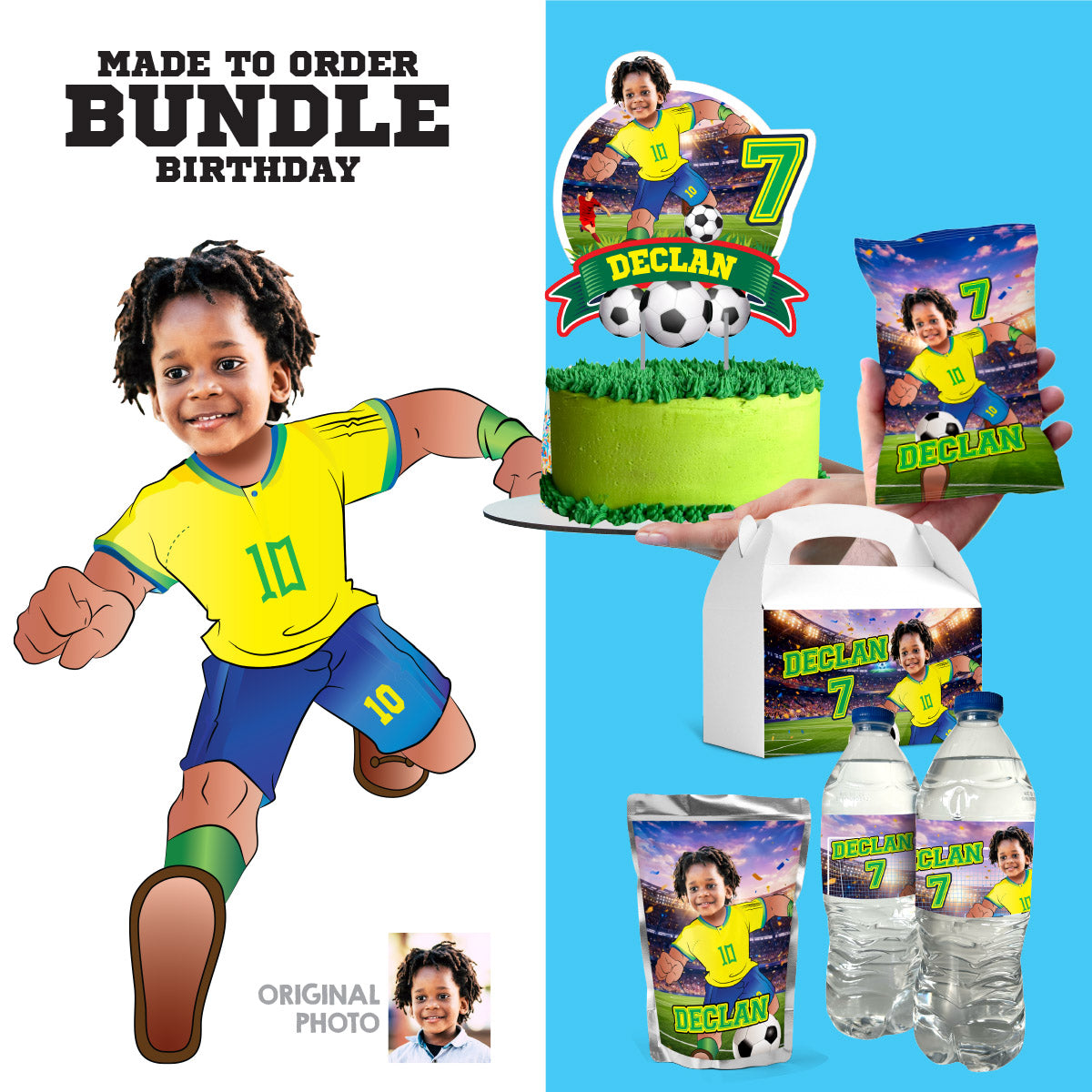 Matching birthday Bundle for a Brazil Soccer table Party, cake topper, water, Chips, boxes. 2459B1
