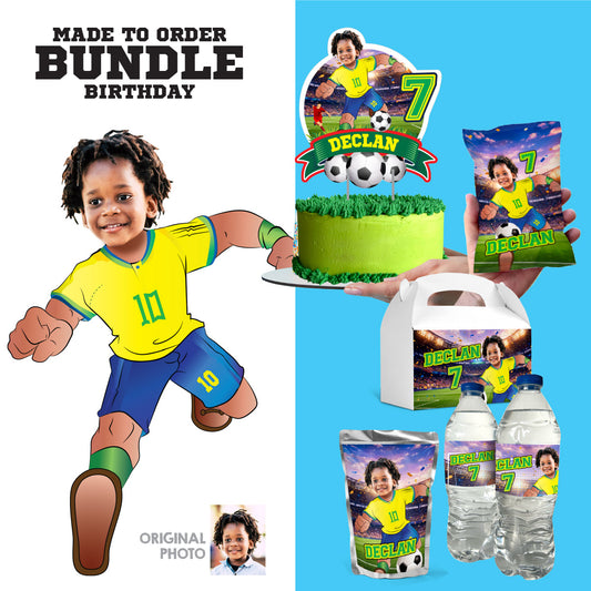 Matching birthday Bundle for a Brazil Soccer table Party, cake topper, water, Chips, boxes. 2459B1