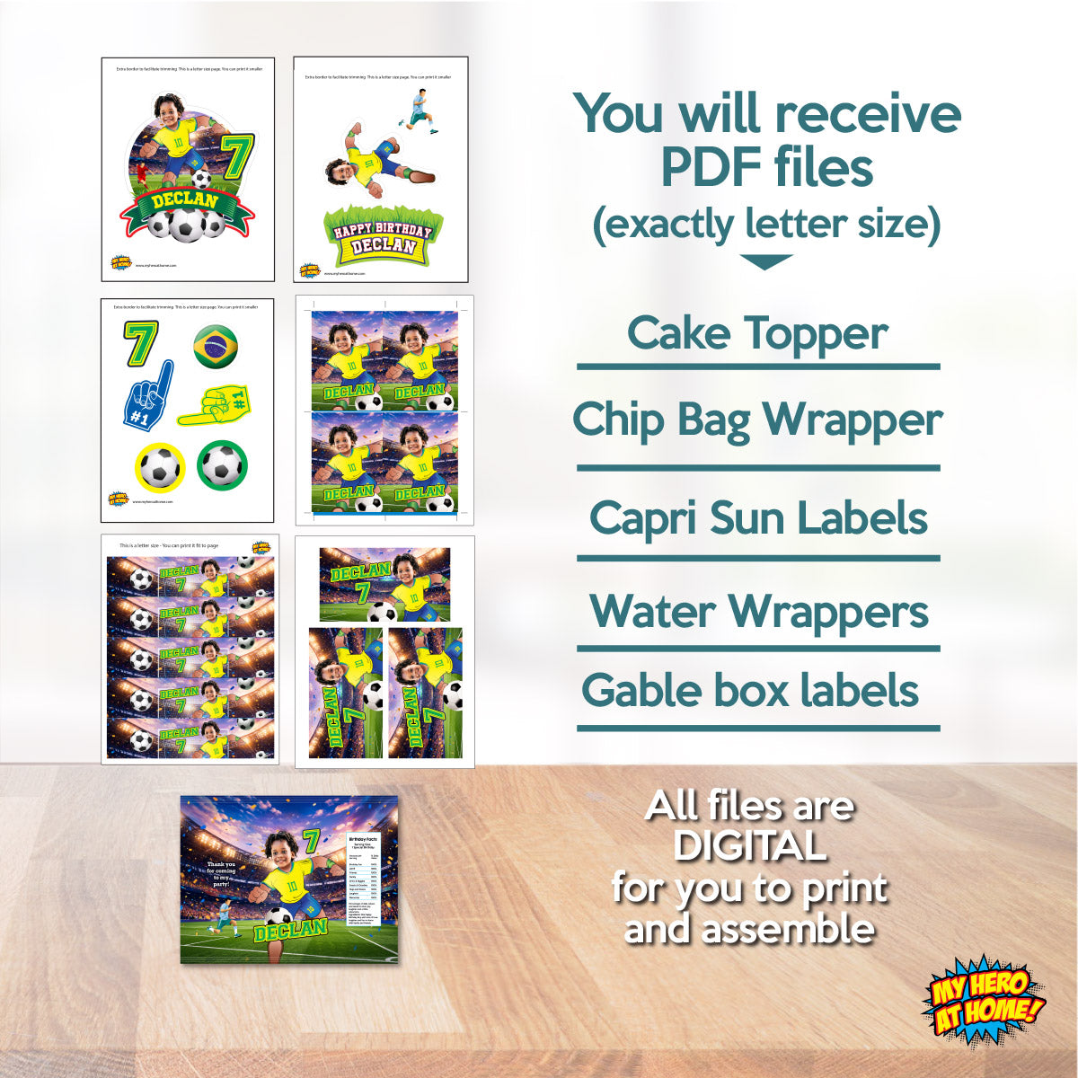 Matching birthday Bundle for a Brazil Soccer table Party, cake topper, water, Chips, boxes. 2459B1