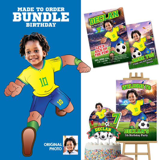 Brazil Soccer Themed Birthday Party Bundle with kid as the star player. 2459B2