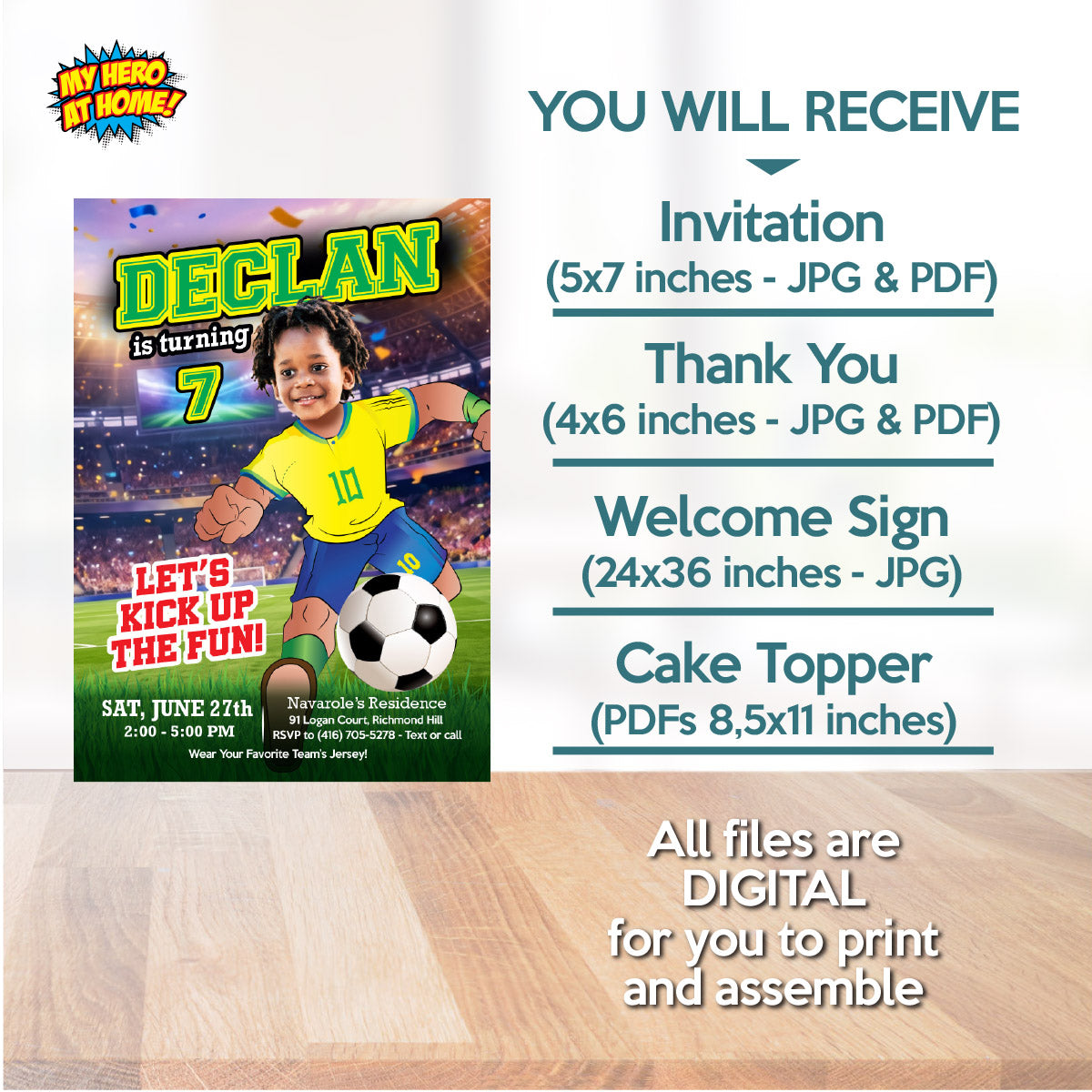 Brazil Soccer Themed Birthday Party Bundle with kid as the star player. 2459B2