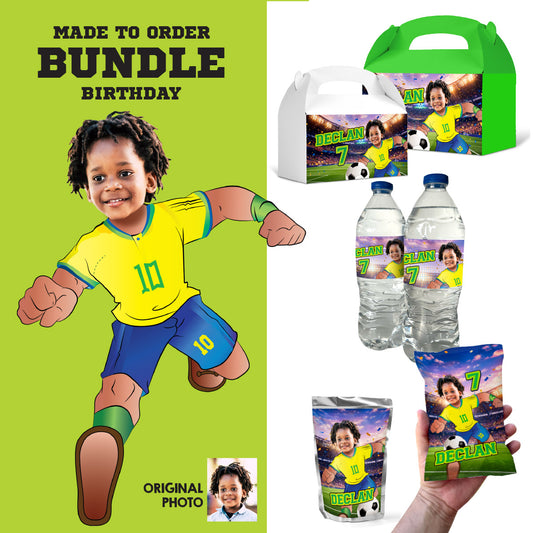 Matching Party Favors Bundle for a Brazil Soccer birthday themed personalized with photo. 2459B3