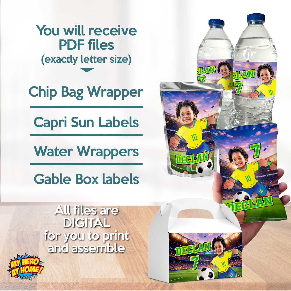Matching Party Favors Bundle for a Brazil Soccer birthday themed personalized with photo. 2459B3