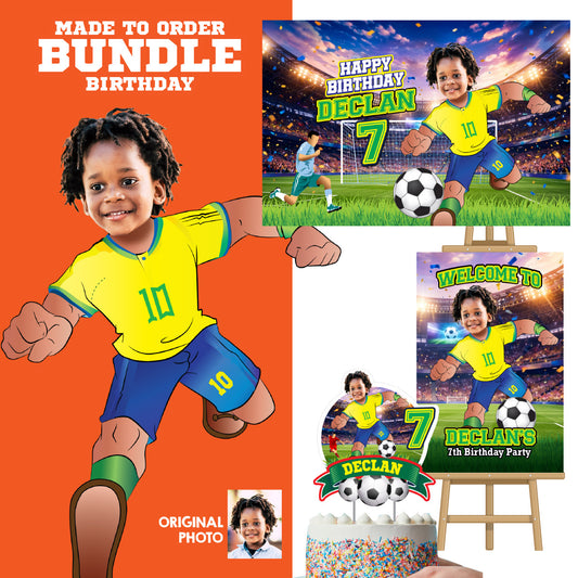 Custom Brazil Soccer party Bundle with photo: backdrop, cake topper, welcome sign. 2459B4